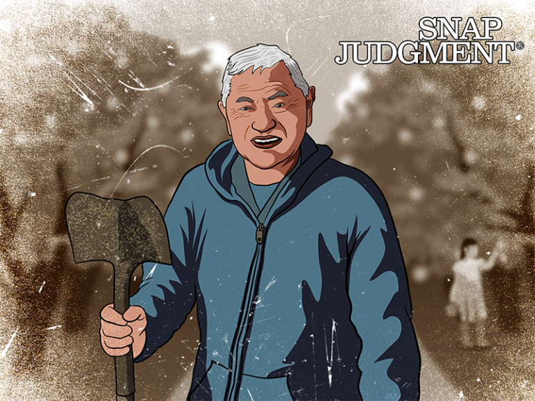 A Japanese man with white hair is smiling looking forward. He's standing in a fruit grove. A blurry image of a little girl is in the distance.