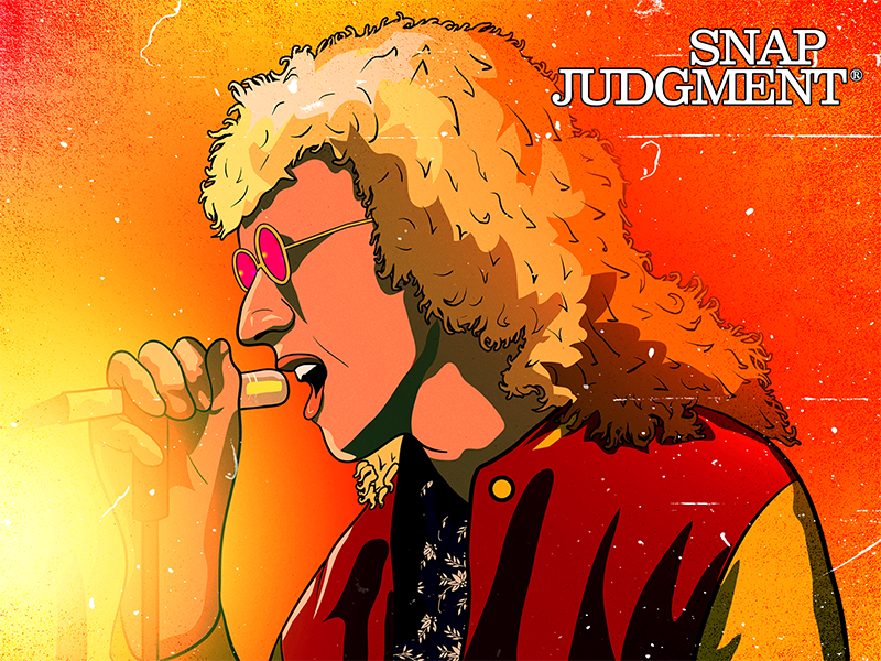 A singer with fluffy blond hair wearing groovy sunglasses is singing into a mic on stage.