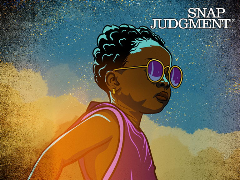 A small girl wearing pink round sunglasses is standing with her profile showing.