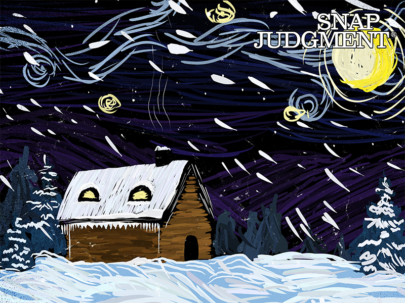 A cabin is in a snowstorm in the woods. There is a full moon in the sky.