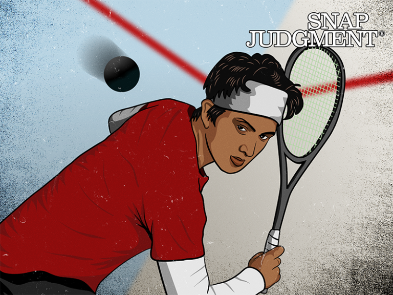 A girl is wearing a headband and holding a squash racket. She is about to hit a ball coming towards her.