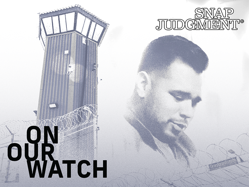 A man is pictured next to a prison security tower.