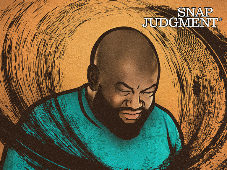 A man is wincing his face. There are circular brush strokes surrounding his head.