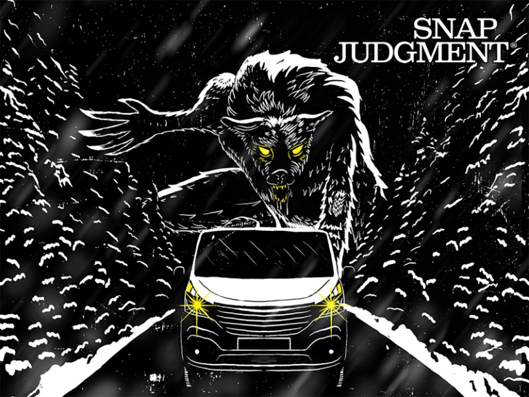 A giant wolf creature is chasing a van down an open mountain road.