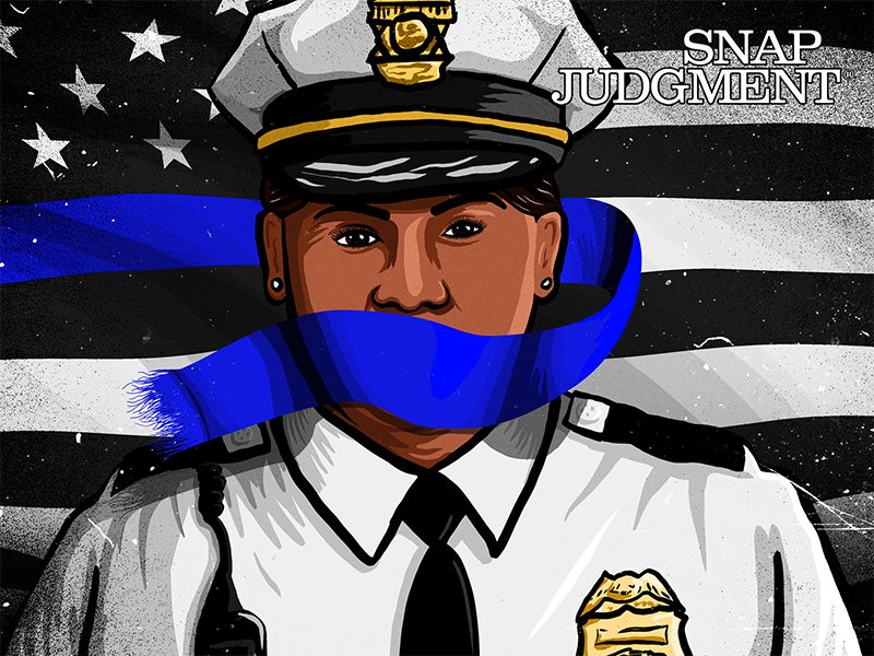 A black female police officer is standing in front of the American flag in uniform. She has a blue line across her mouth.