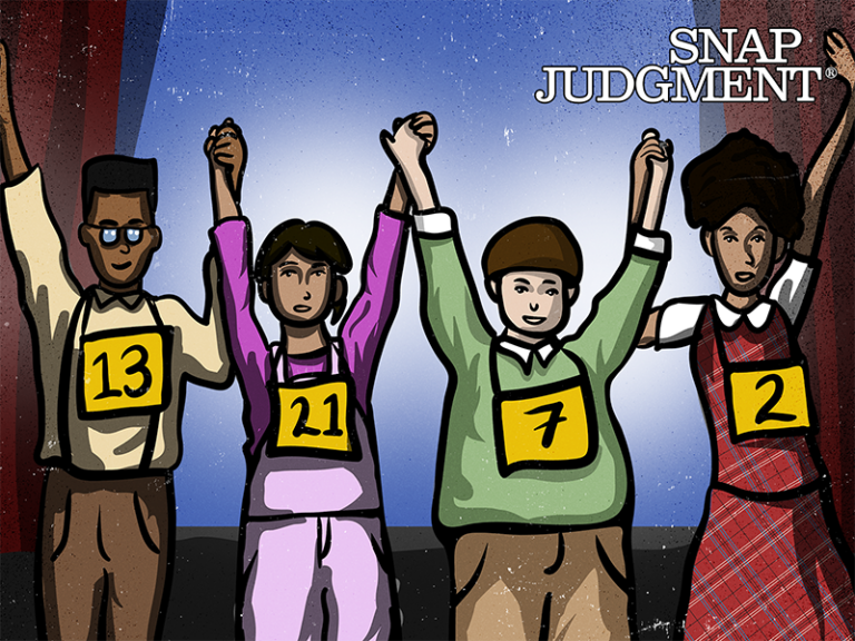 A group of teens are on stage performing in their middle school play. They are holding hands.