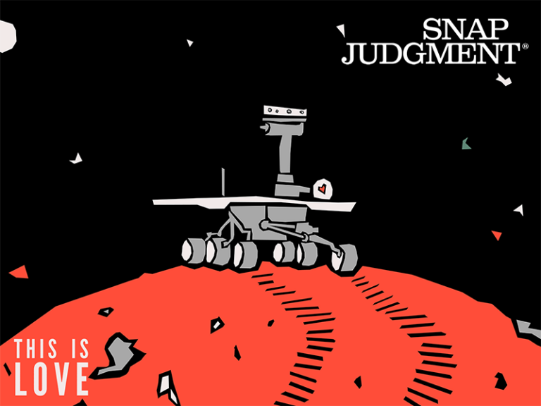 A Mars rover is sitting on the planet in space.