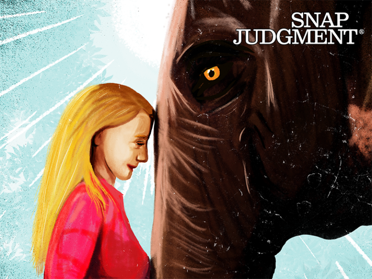 A woman has her head placed on an elephant's trunk. They are friends.