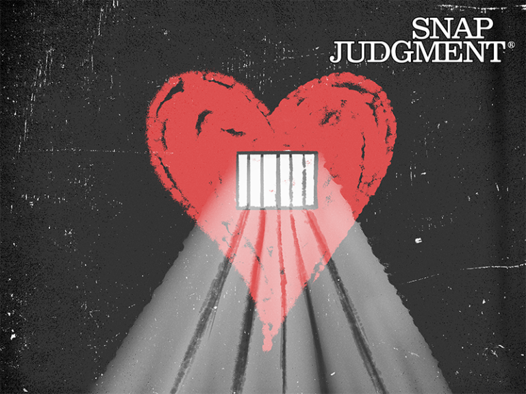 A prison window has a graffiti heart around it. Light is shining through the bars on the other side.