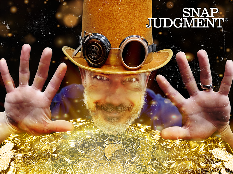 A man is smirking over a pile of gold coins. He is wearing a golden top hat.