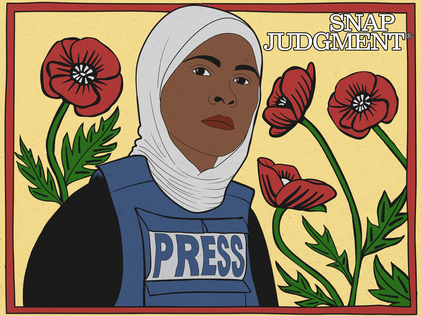 A woman wearing a hijab and a press jacket is surrounded by red flowers.