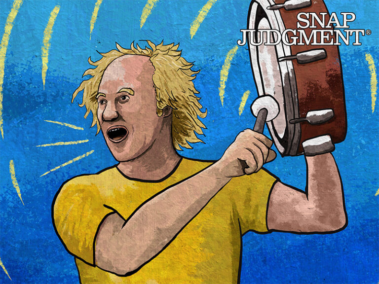 A blonde man is yelling and beating a drum, cheering.